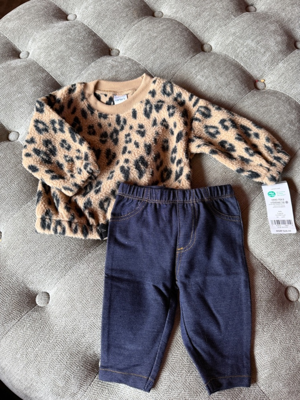 Carter's Tan Leopard Fuzzy Pullover with Navy Knit Leggings